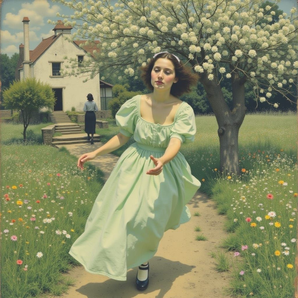 Woman Running to Summer House in Sun-Dappled Garden