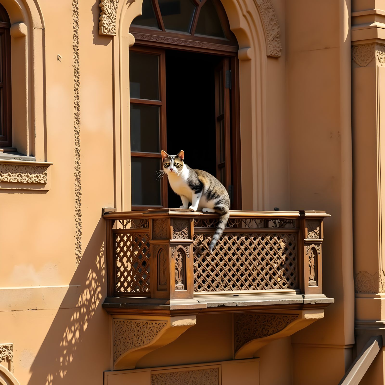 Whimsical Cat on Ornate Balcony