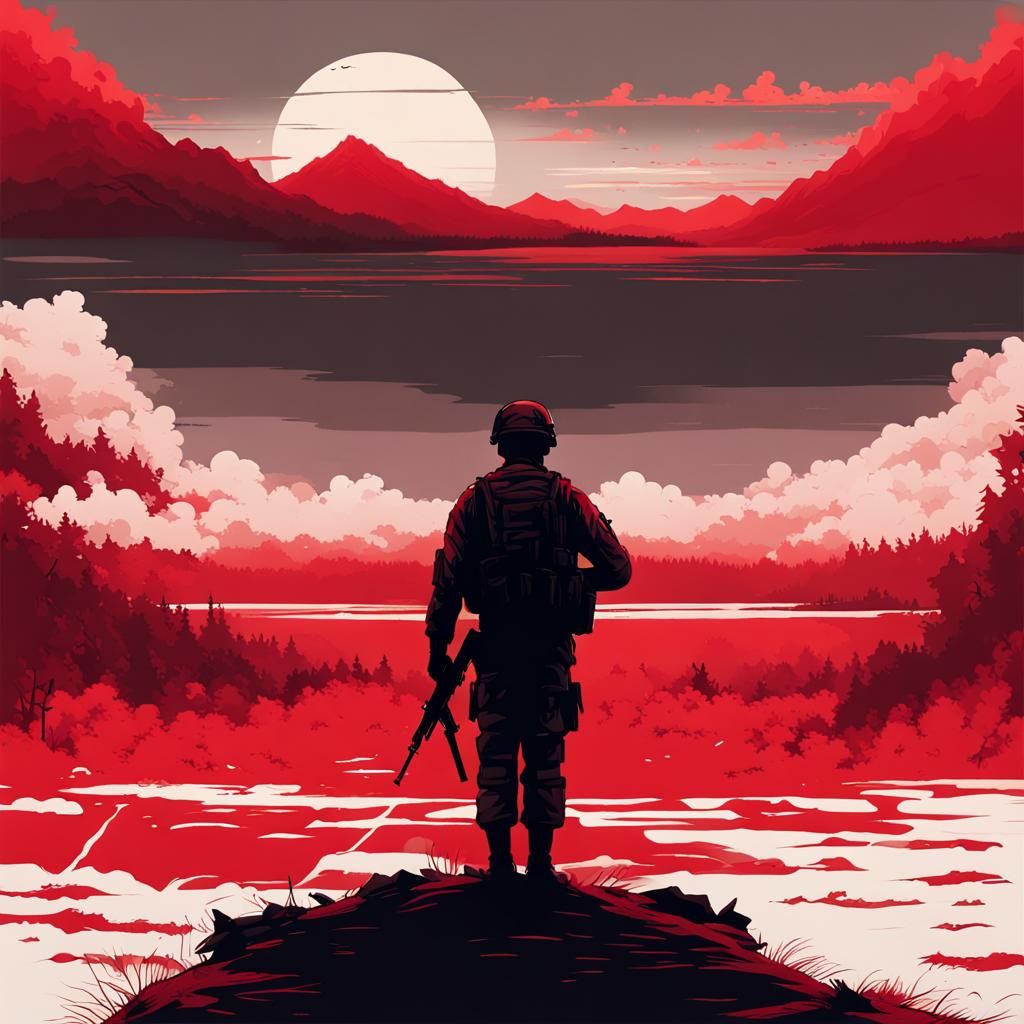 Unyielding Soldier in Red Landscape, Digital Art
