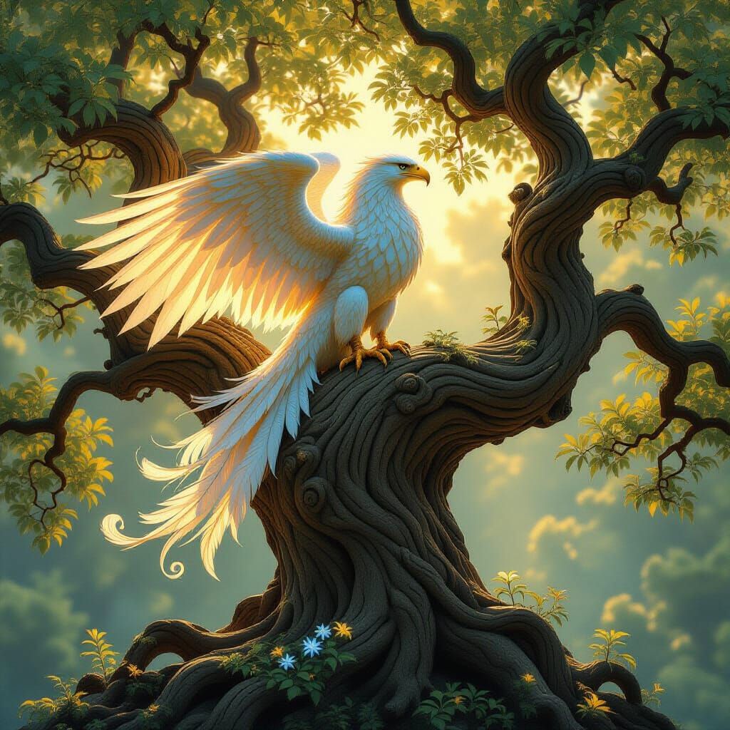 Majestic Griffin on Ancient Oak in Art Nouveau Style