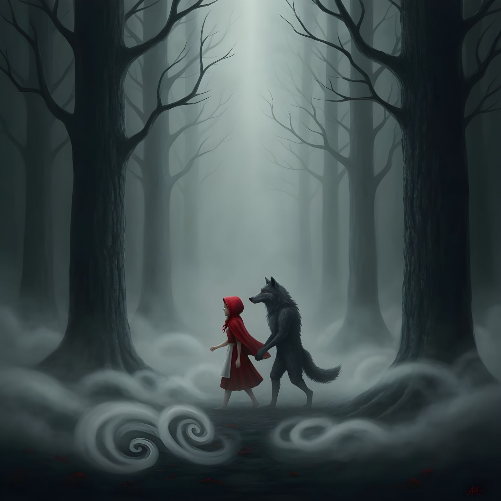 Red Riding Hood and Wolf in Ominous Fog Oil Painting