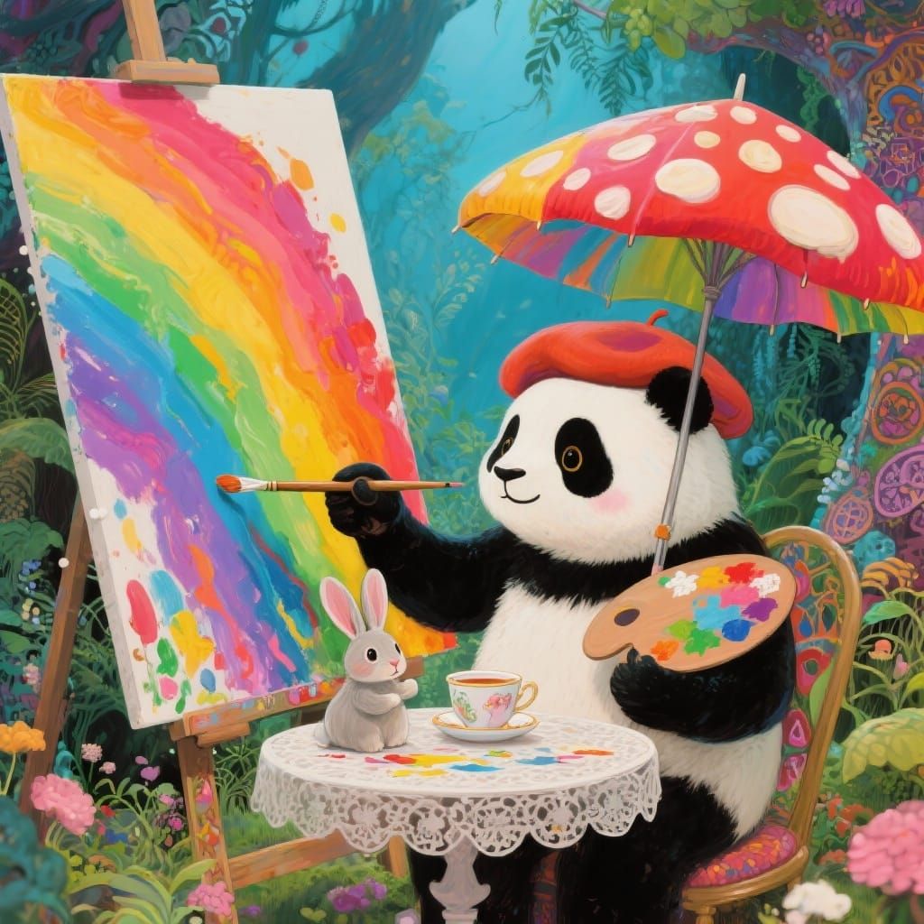 Panda Paints Rainbows, Rabbit Sips Tea Under Mushroom