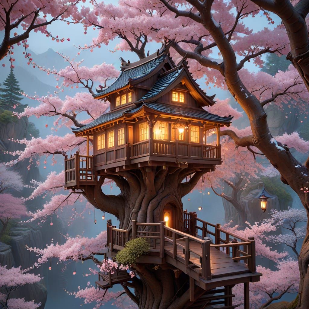 Lavish Treehouse Amidst Cherry Blossoms on a Snowy Cliff