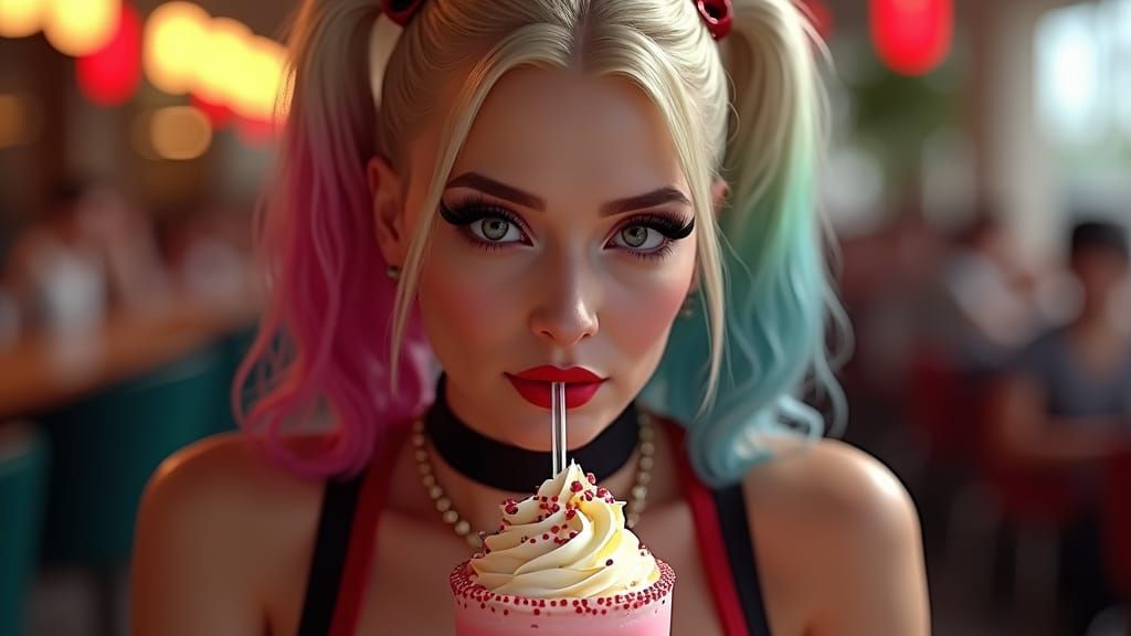 Harley Quinn Sipping Rainbow Milkshake, Photorealistic Portr...
