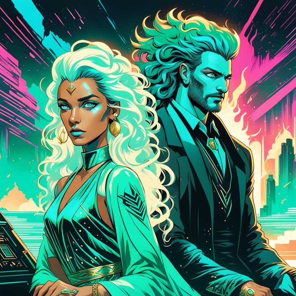 Synthwave Couple in Neon Cityscape