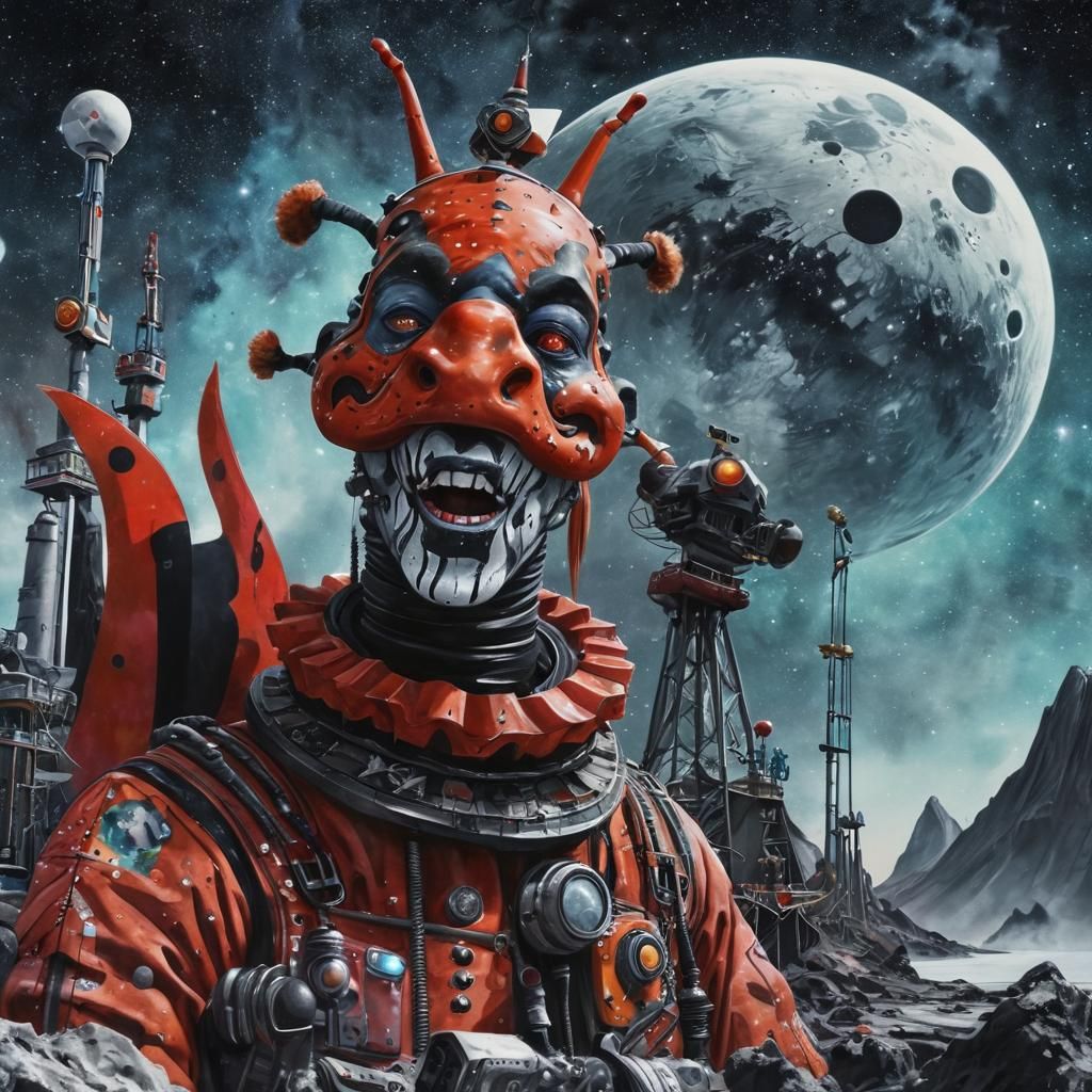 Surreal Space Clowns Terraform Asteroid in Watercolor