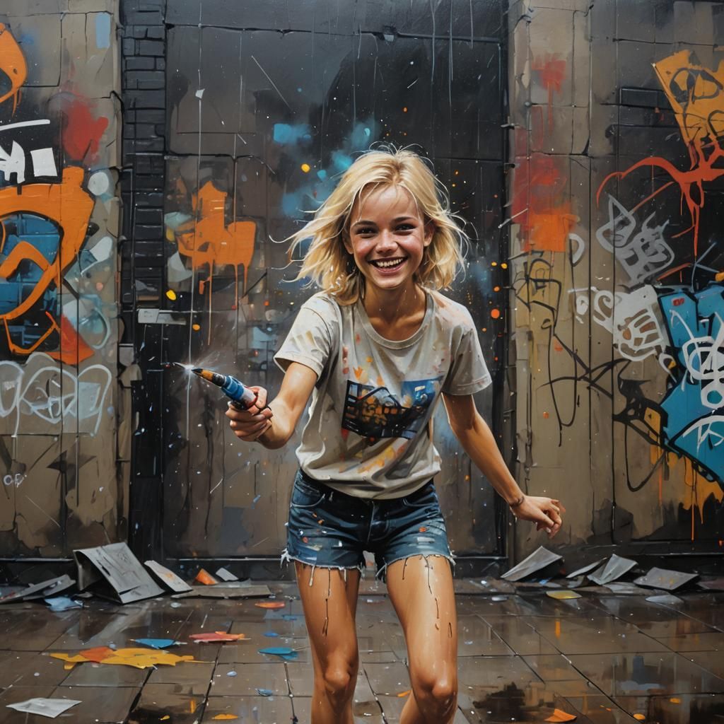 Girl Spray Painting Graffiti Wall, Oil Painting