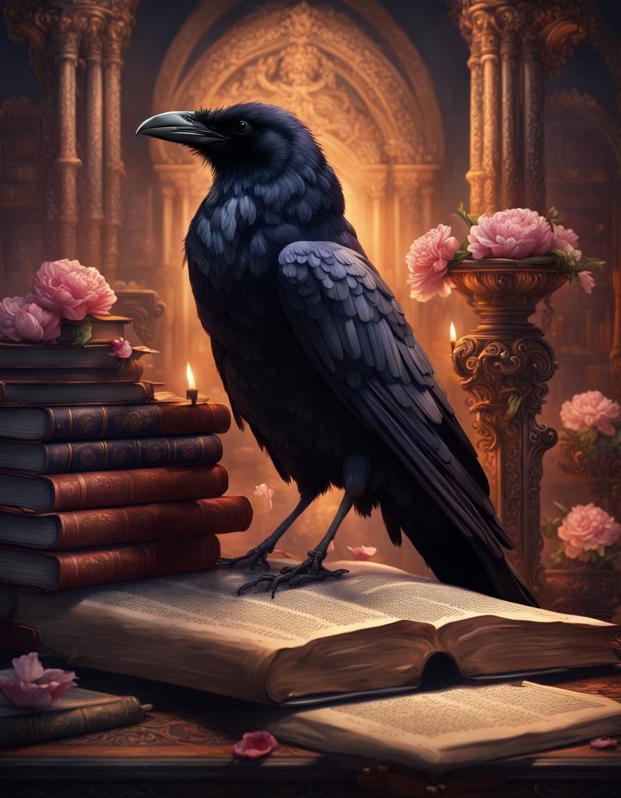 Dark Academia Raven with Poetry and Books