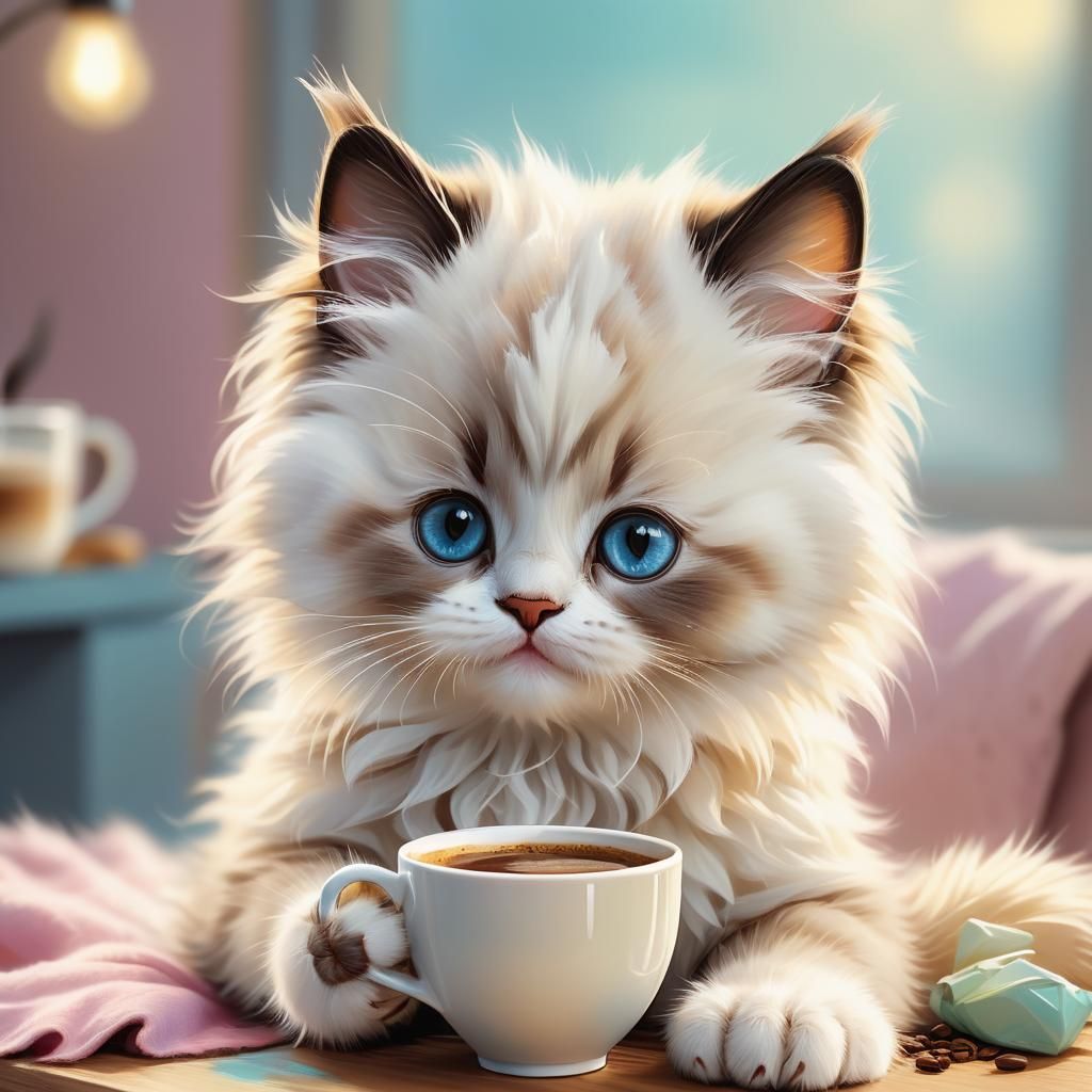 Ragdoll Kitten with Morning Coffee