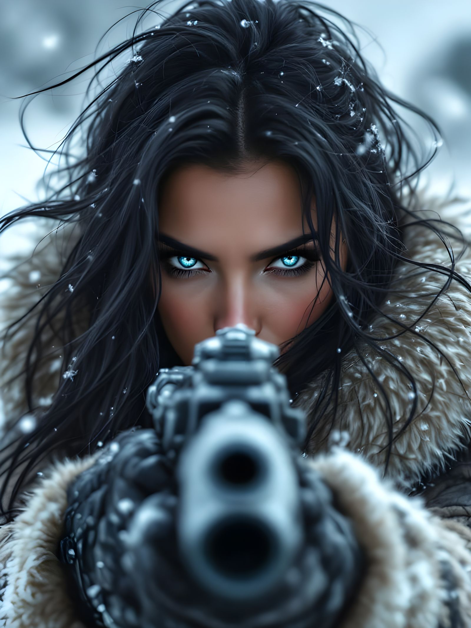 Winter Defender: Futuristic Rifle Aimed at Viewer