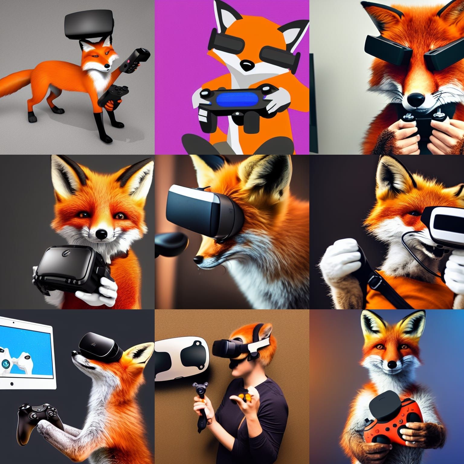 Fox Gamer Wearing VR Headset Holding Controller