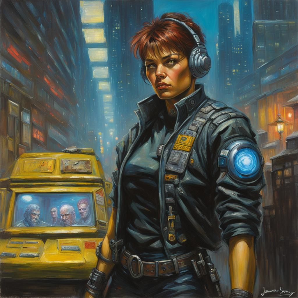 Cyberpunk Netrunner and Bodyguard in Oil Painting Style
