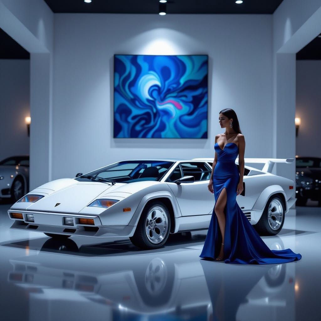 White 1982 Lamborghini Countach in Luxury Garage with Woman