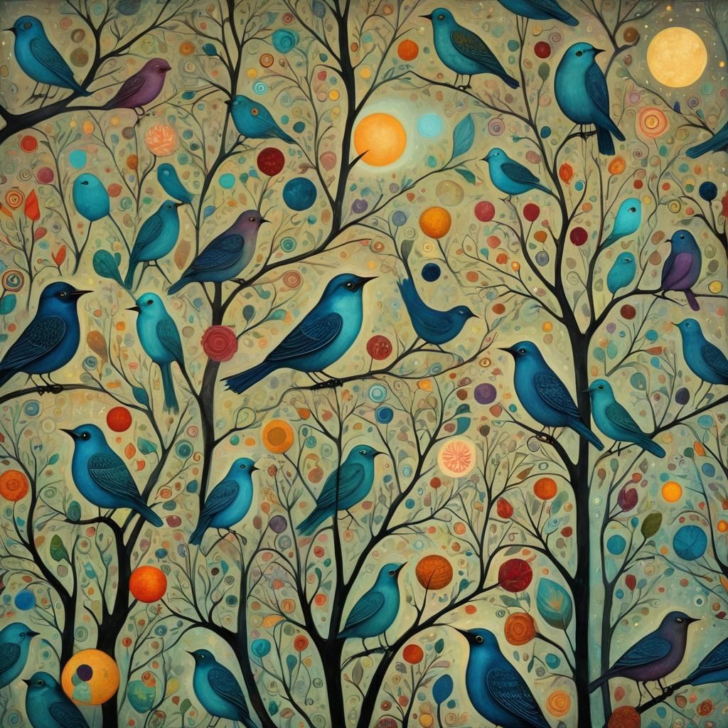 Birds and Planets in Delicate Art Brut Style