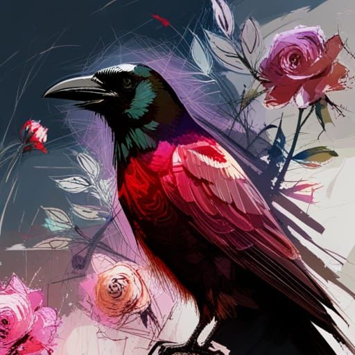 Crow and Roses in Comic Style Illustration