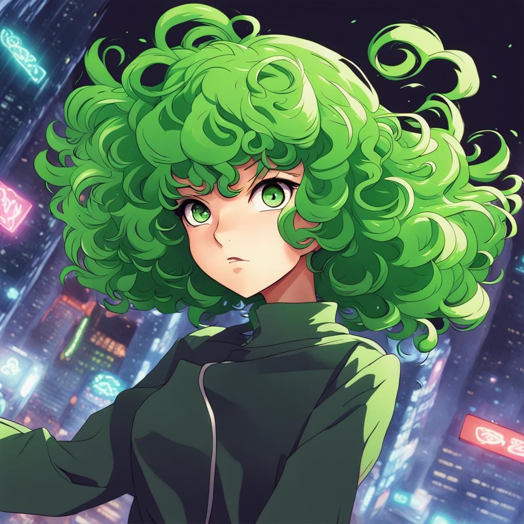 Tatsumaki with Green Hair Playing Video Game in Anime Style
