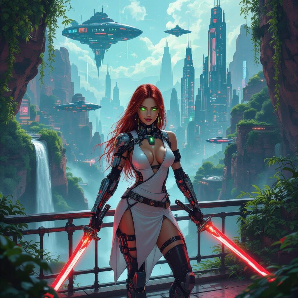 Cyberpunk Solarpunk Cityscape With Warrior Woman