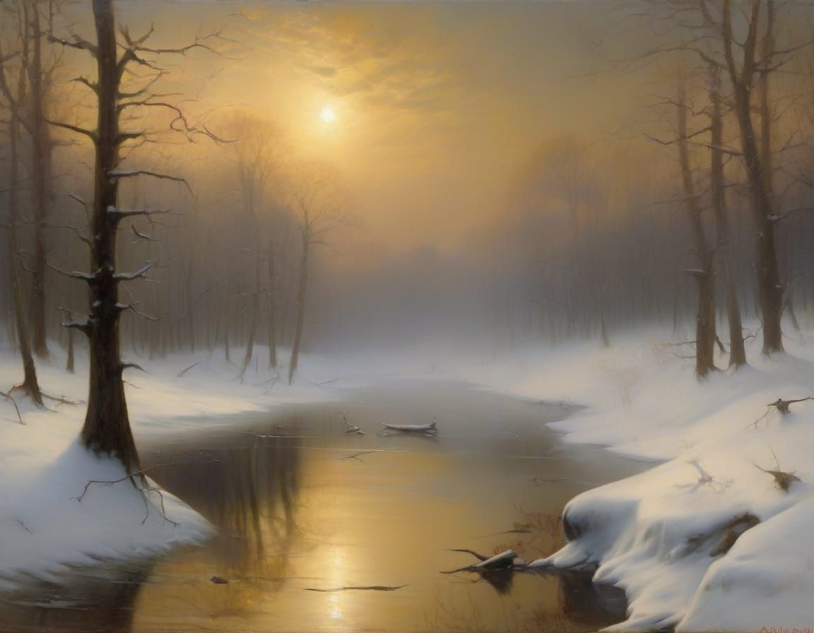 Maine Morning Oil Painting with Icy Creek