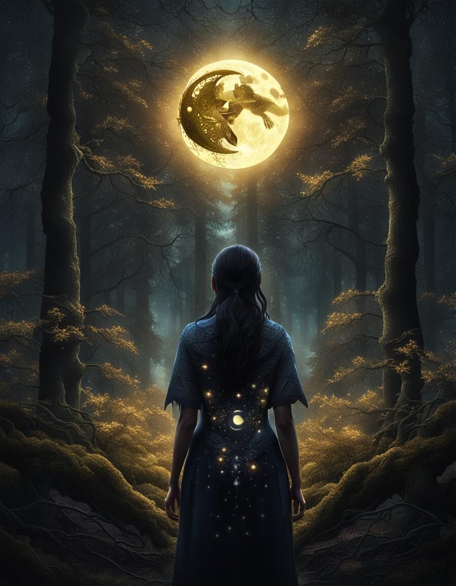 Surreal Dark Fantasy: Woman Between Sun and Moon