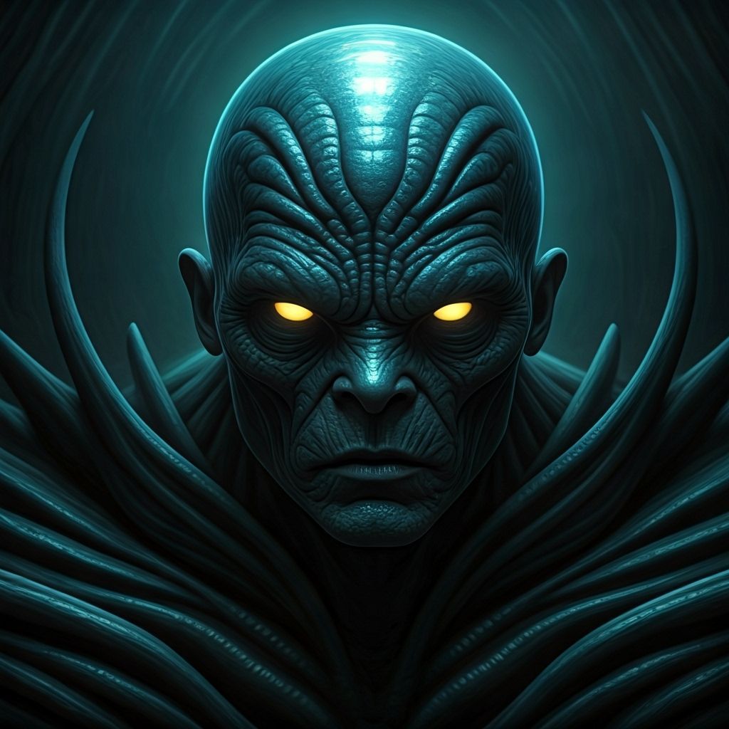 Mysterious Alien Creature with Bioluminescent Eyes in Dark F...