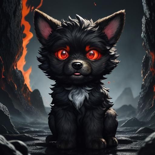 A cute yet terrifying puppy in a hellish environment. The puppy has glowing red eyes, sharp little teeth, and fiery fur,...