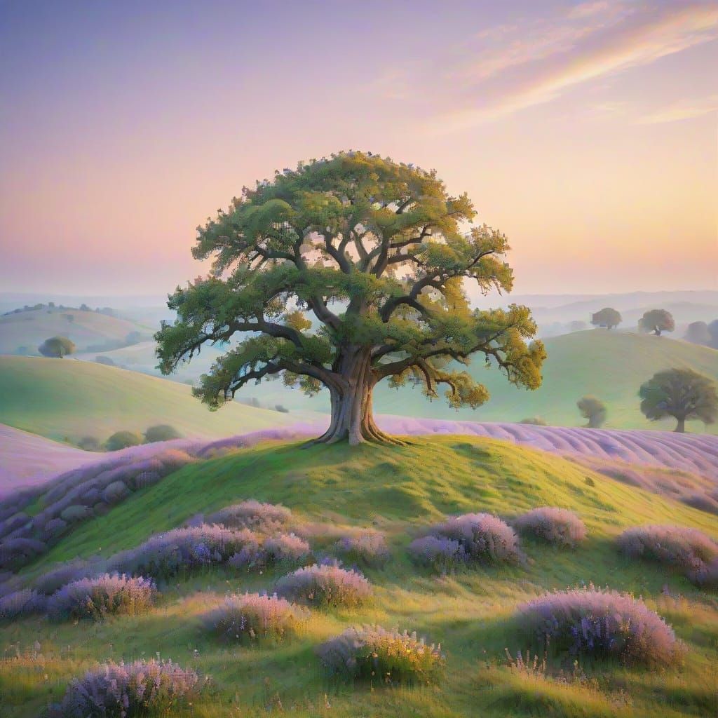 Solitary Oak on Rolling Hill in Golden Light