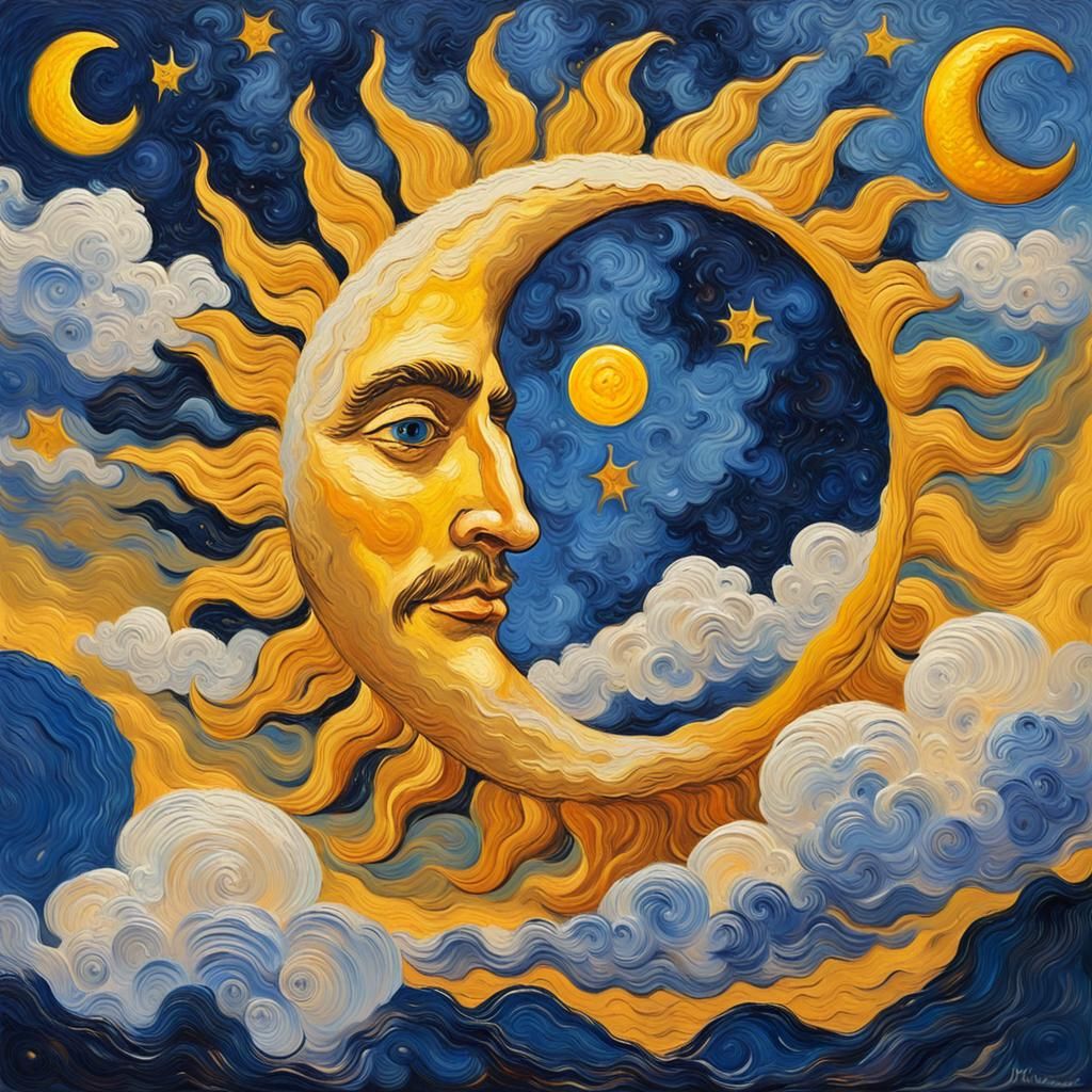 Impressionist Sun and Moon Gouache Painting