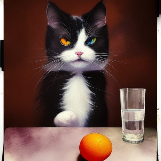 Calico Cat with Water Glass in Watercolor Style