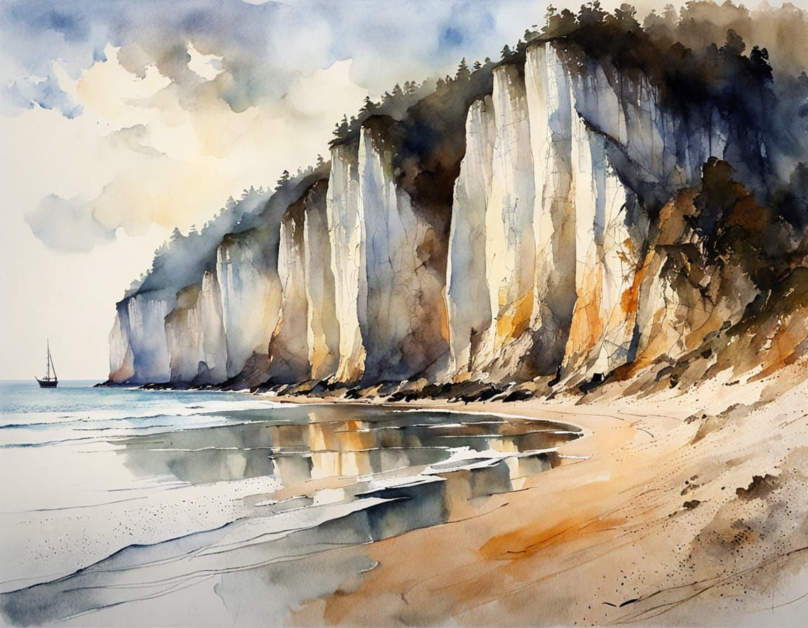 Morning Light on Chalk Cliffs of Rügen in Luminous Watercolo...