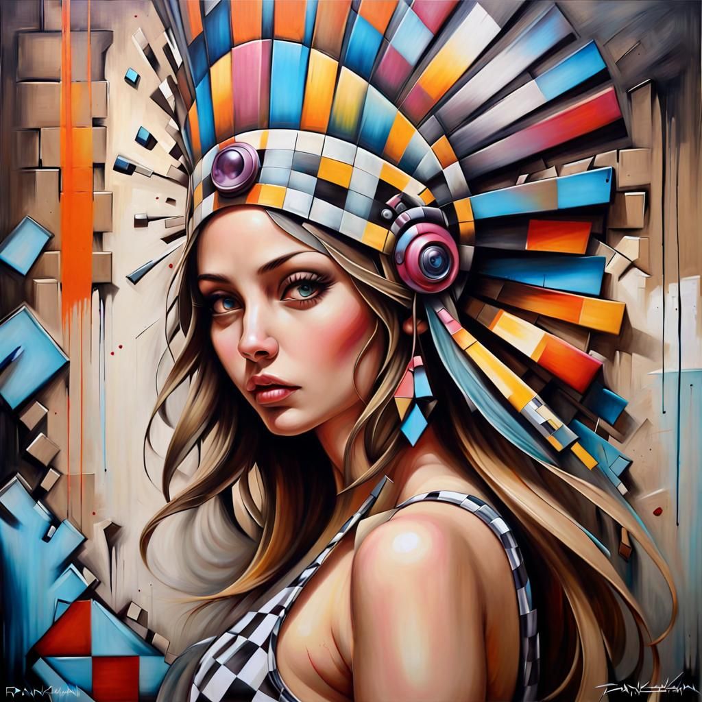 Abstract Woman with Checkered Headdress, Graffiti Art Master...