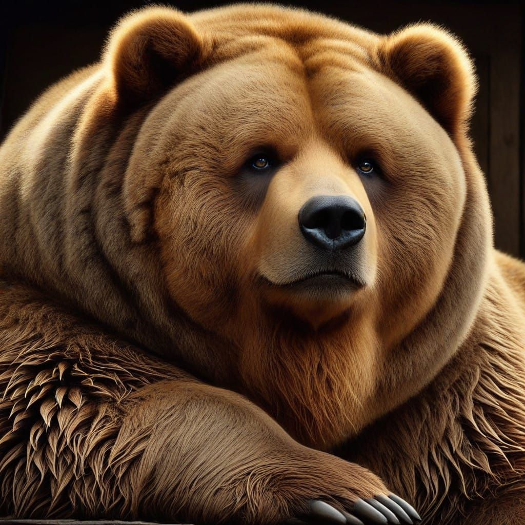Relaxed Kodiak Bear Portrait in Moonlit Basement