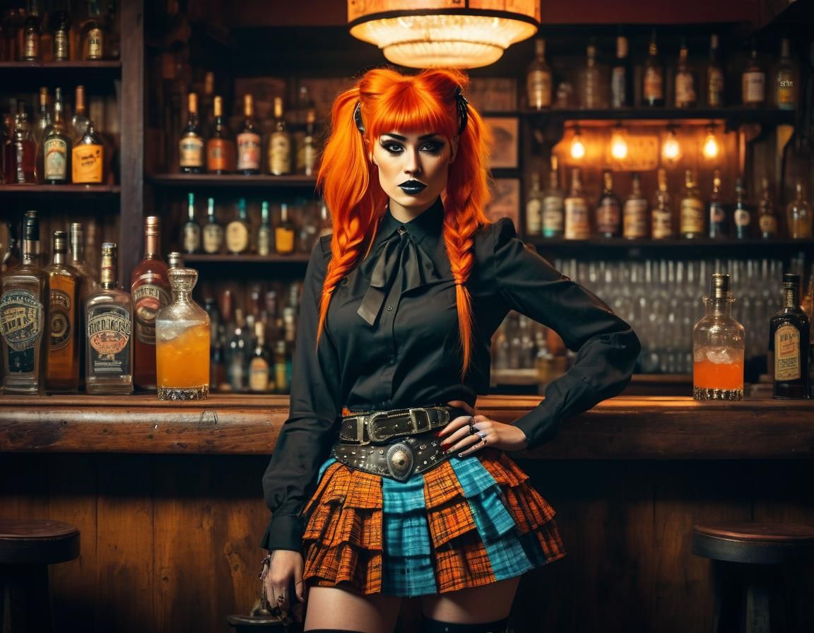 A 20 year old college girl with neon orange hair is working in a1880s Old West Saloon