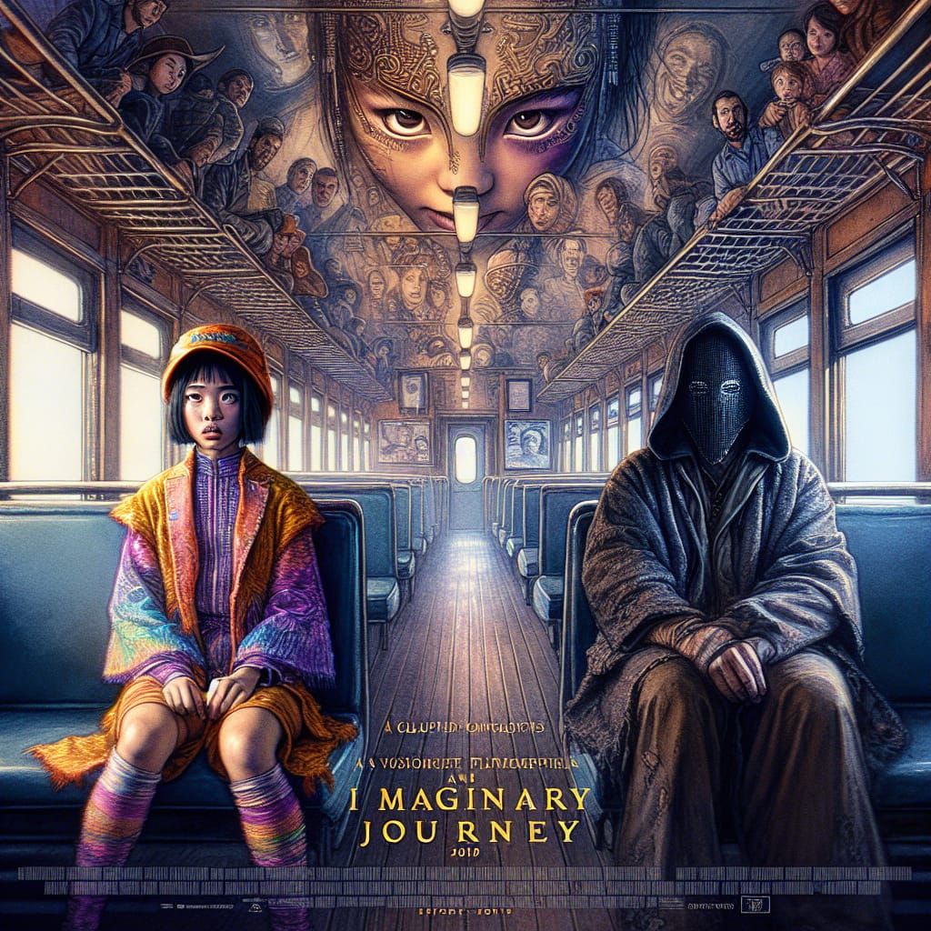 Watercolor Movie Poster: Girl and Masked Figure on Train