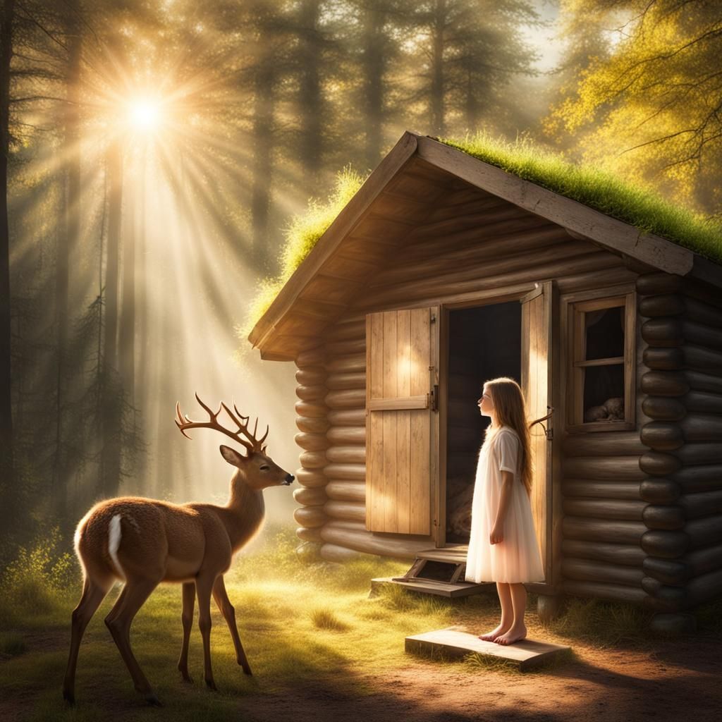Cabin in Woods with Deer and Girl