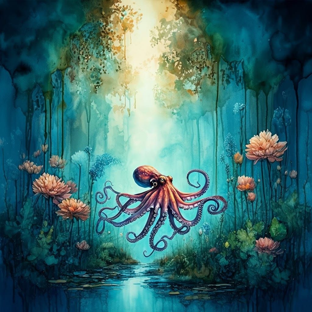 Octopus' Dreamlike Watercolor Oasis