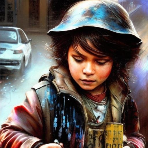 Begging Girl in Alley, Hyper-Realistic Textures