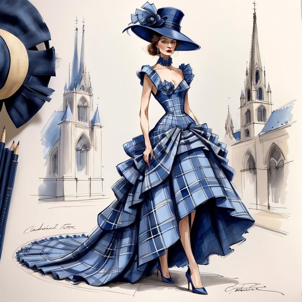 Elegant Plaid Dress Fashion Sketch on Runway