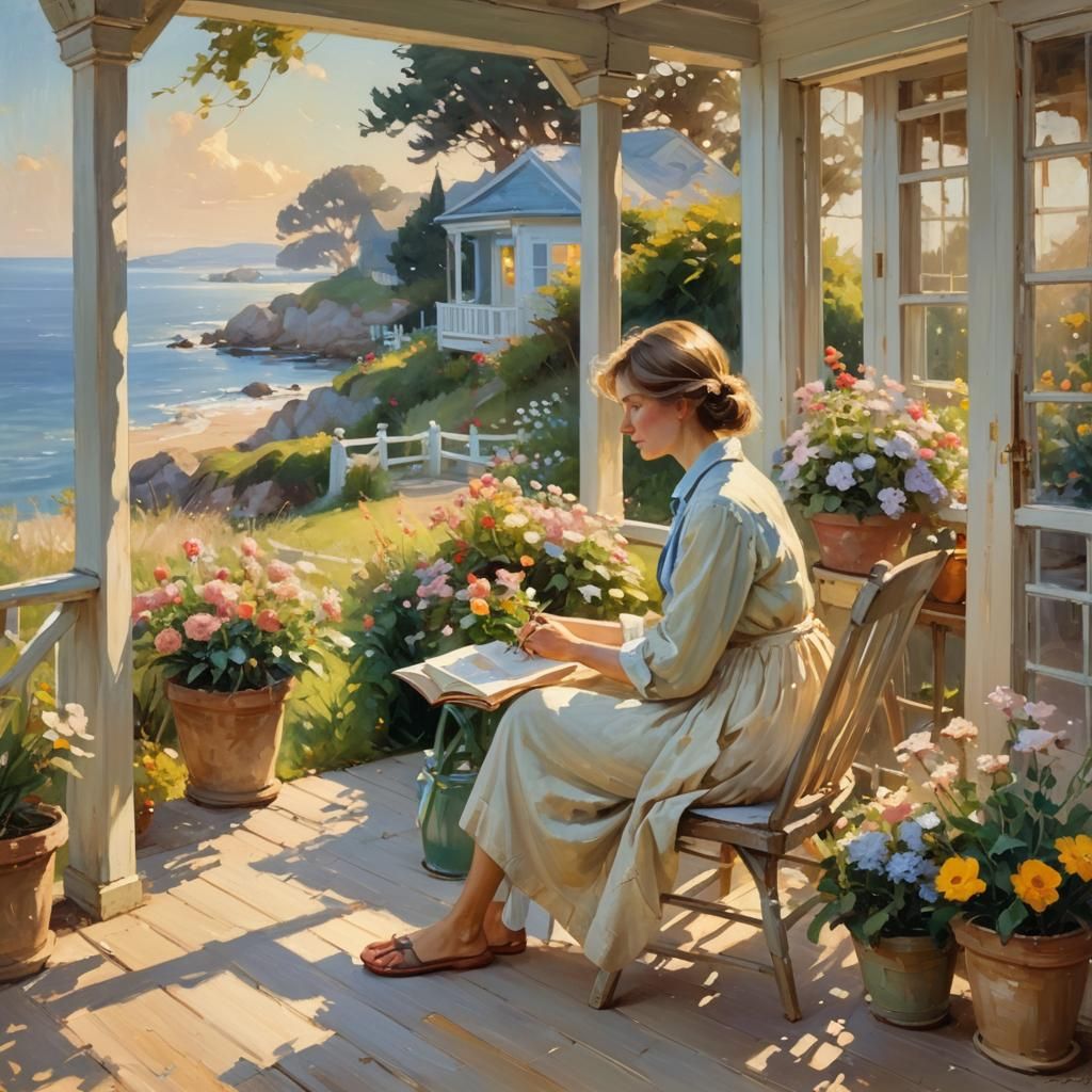 Woman on Seaside Porch in Impressionist Style