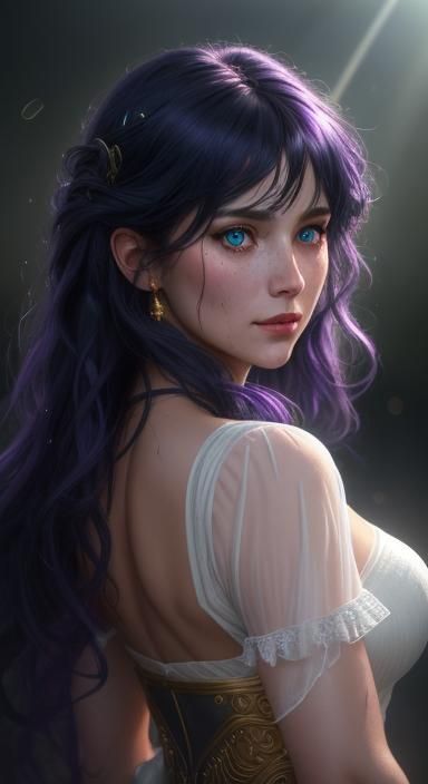 Venus-like Goddess with Purple Hair, Hyperdetailed Portrait