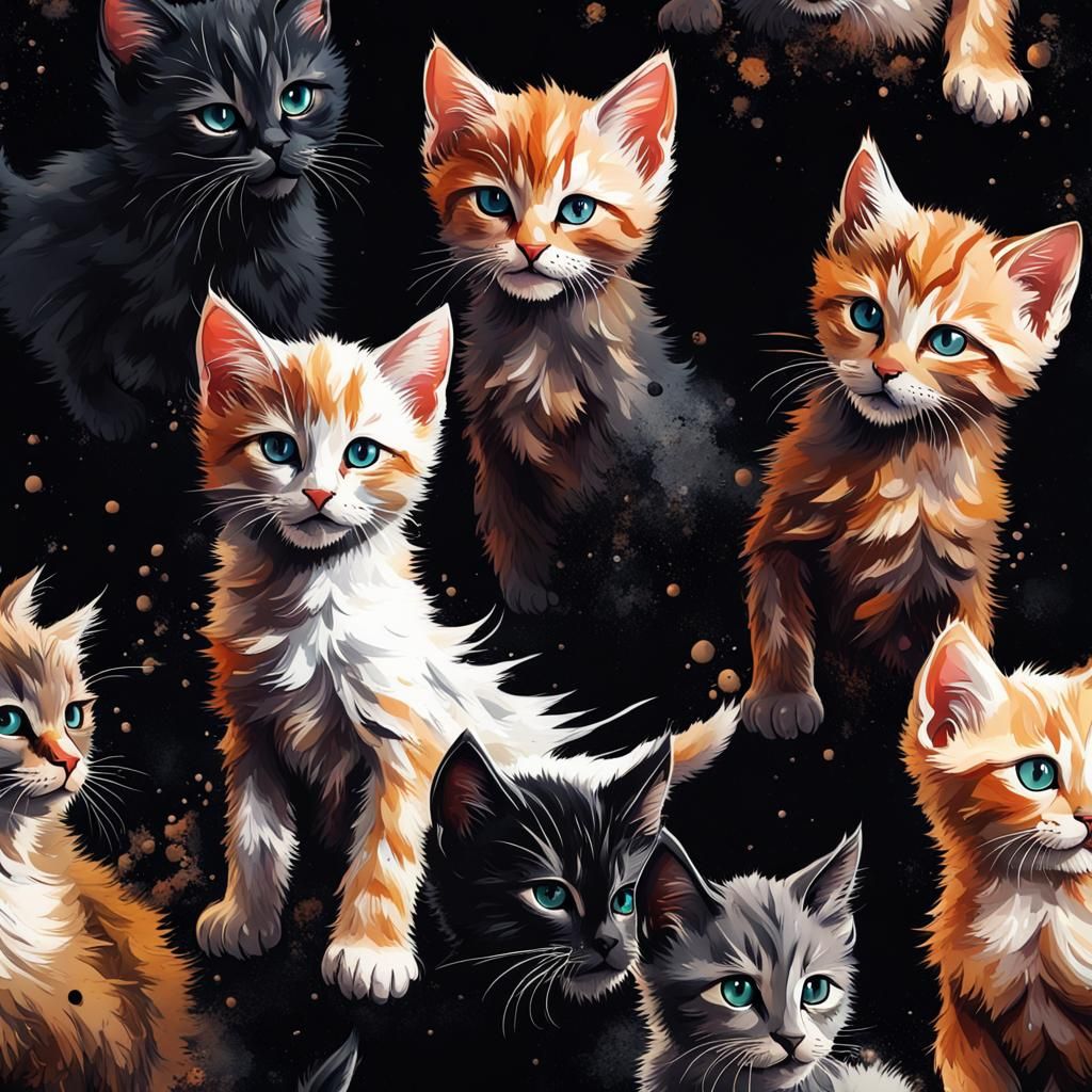 Ink Splatter Painting of Kittens in Fantasy Style