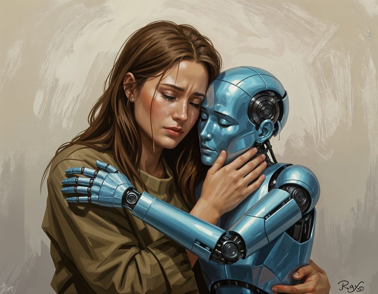 Android Comforts a Weeping Woman, in the Style of Royo