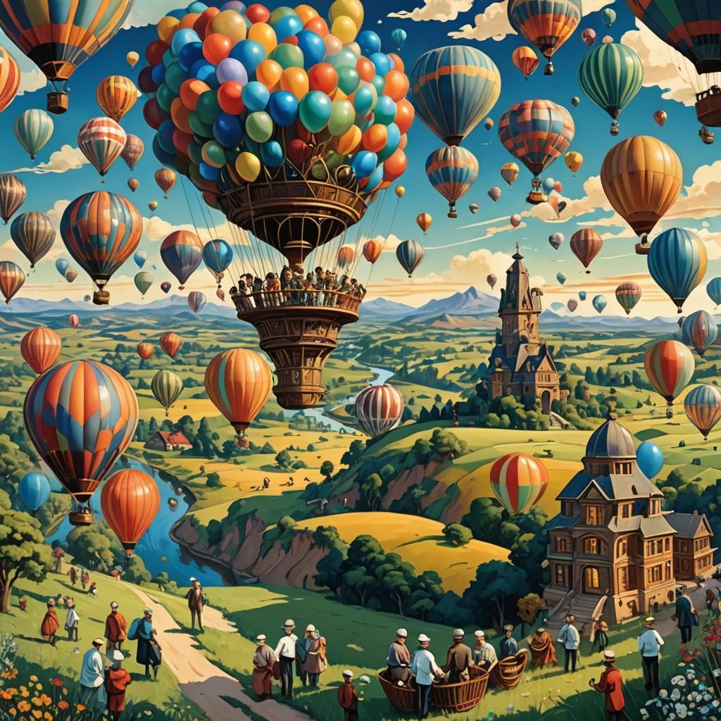 Surreal Hourglass Scene with Art Deco Balloons