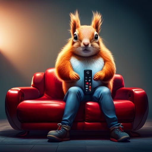 Red Squirrel Watching TV with Remote Control