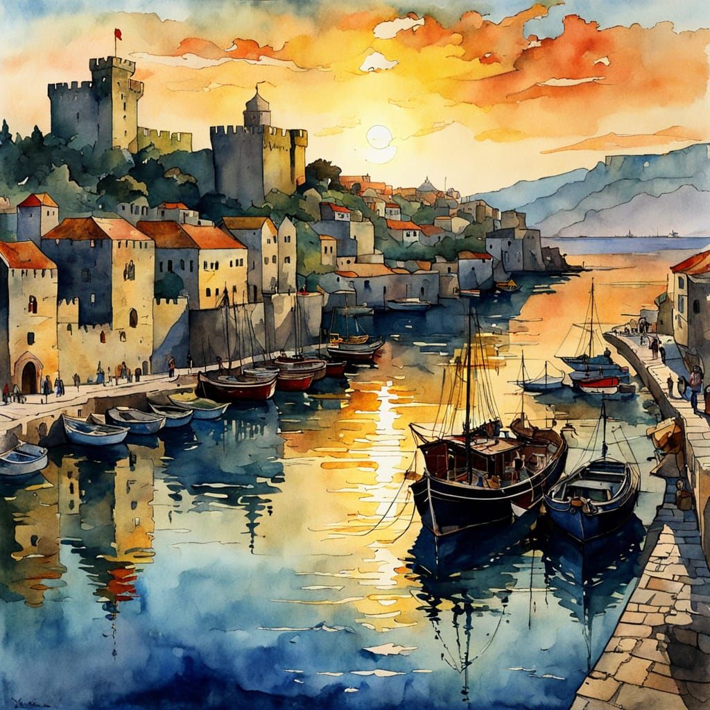 Rhodes Harbor Sunset in Watercolor Style