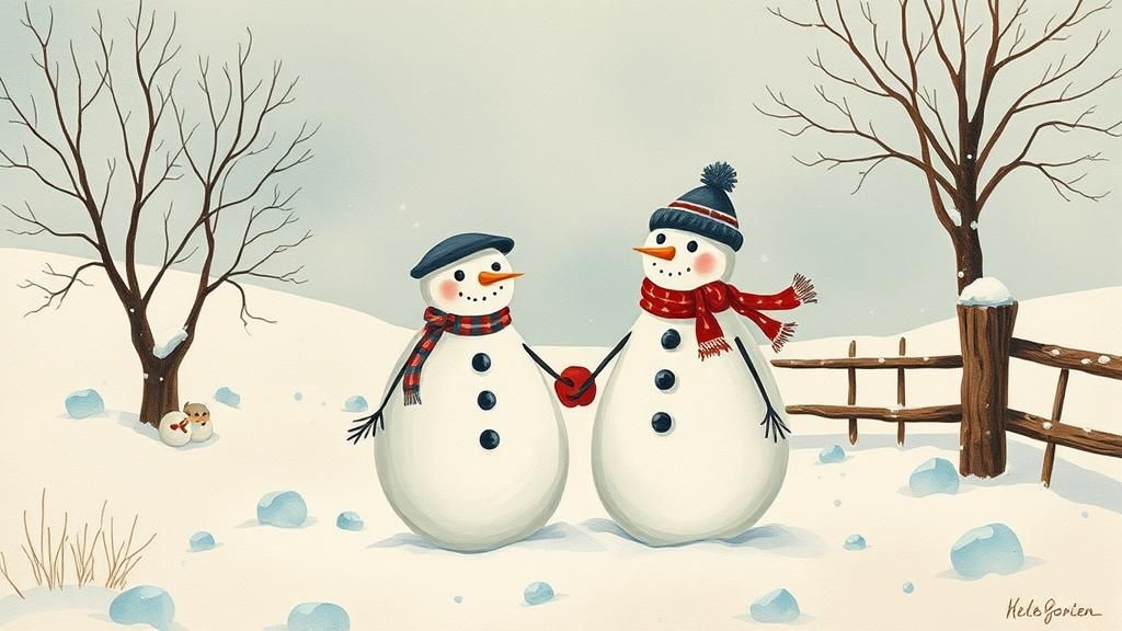 Snowmen in Winter Wonderland, Vintage Illustration