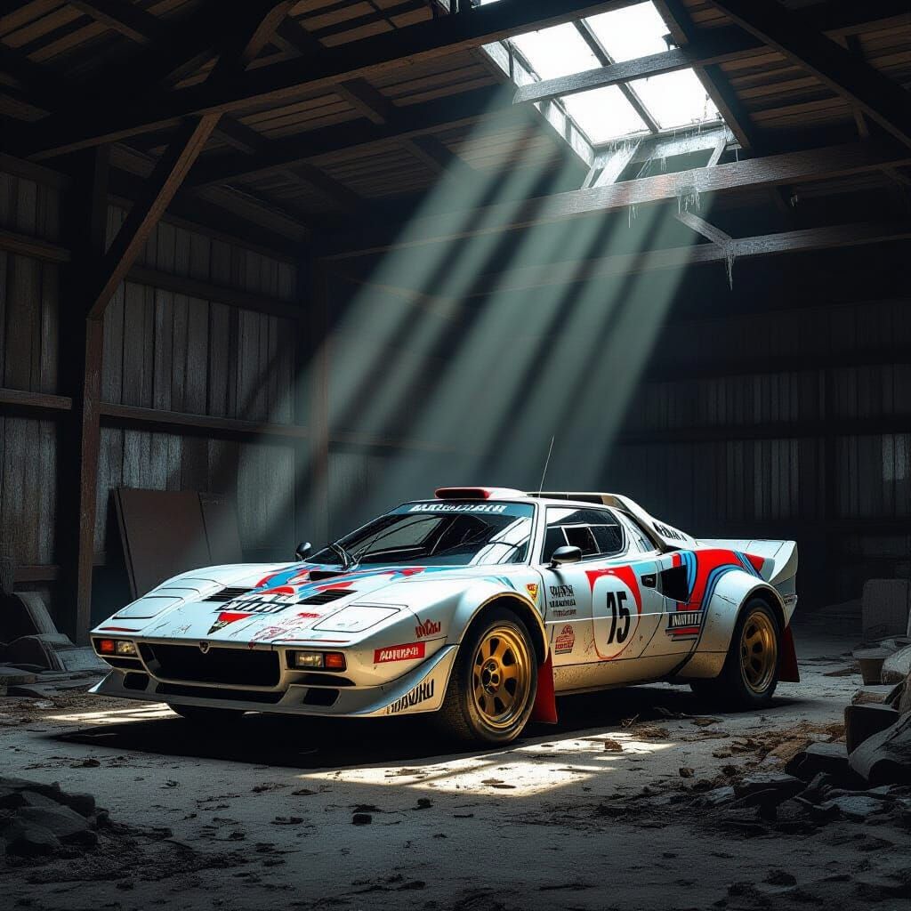 Martini Lancia Stratos Rally Car in Dusty Barn