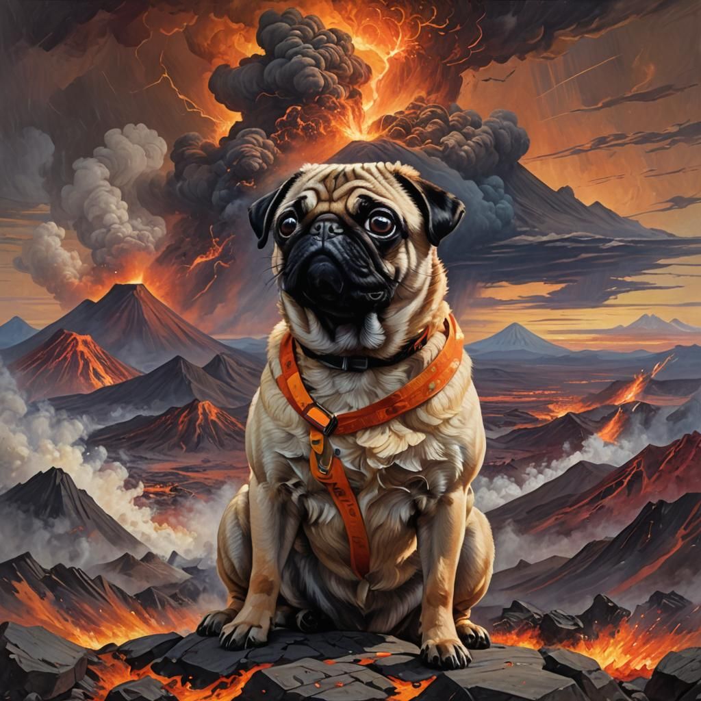 Pug Witnessing Volcanic Eruption in Romantic Style