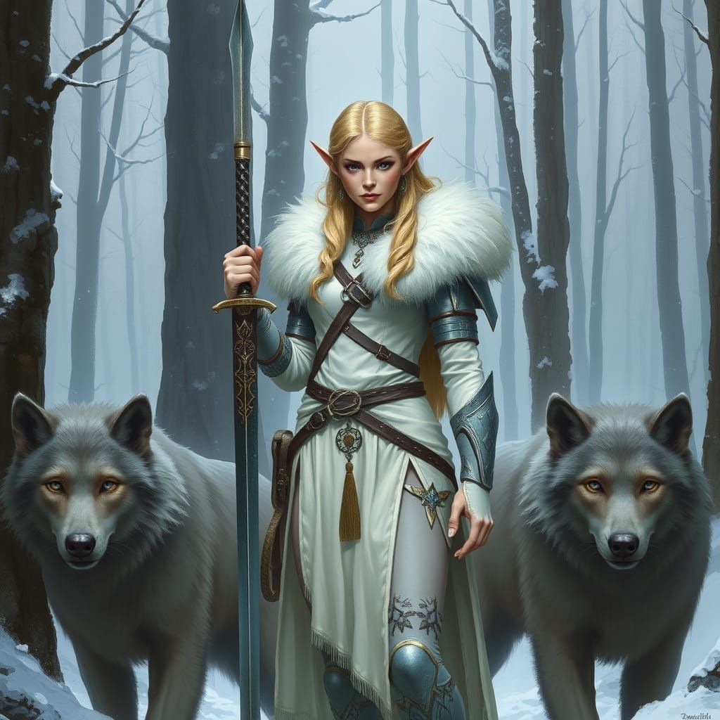 Ethereal Elf Warrior in Snowy Forest with Wolves