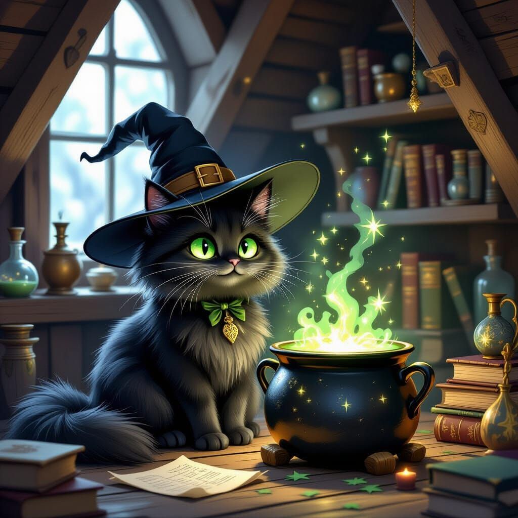 Whimsical Witch's Familiar Beside Starlight Cauldron