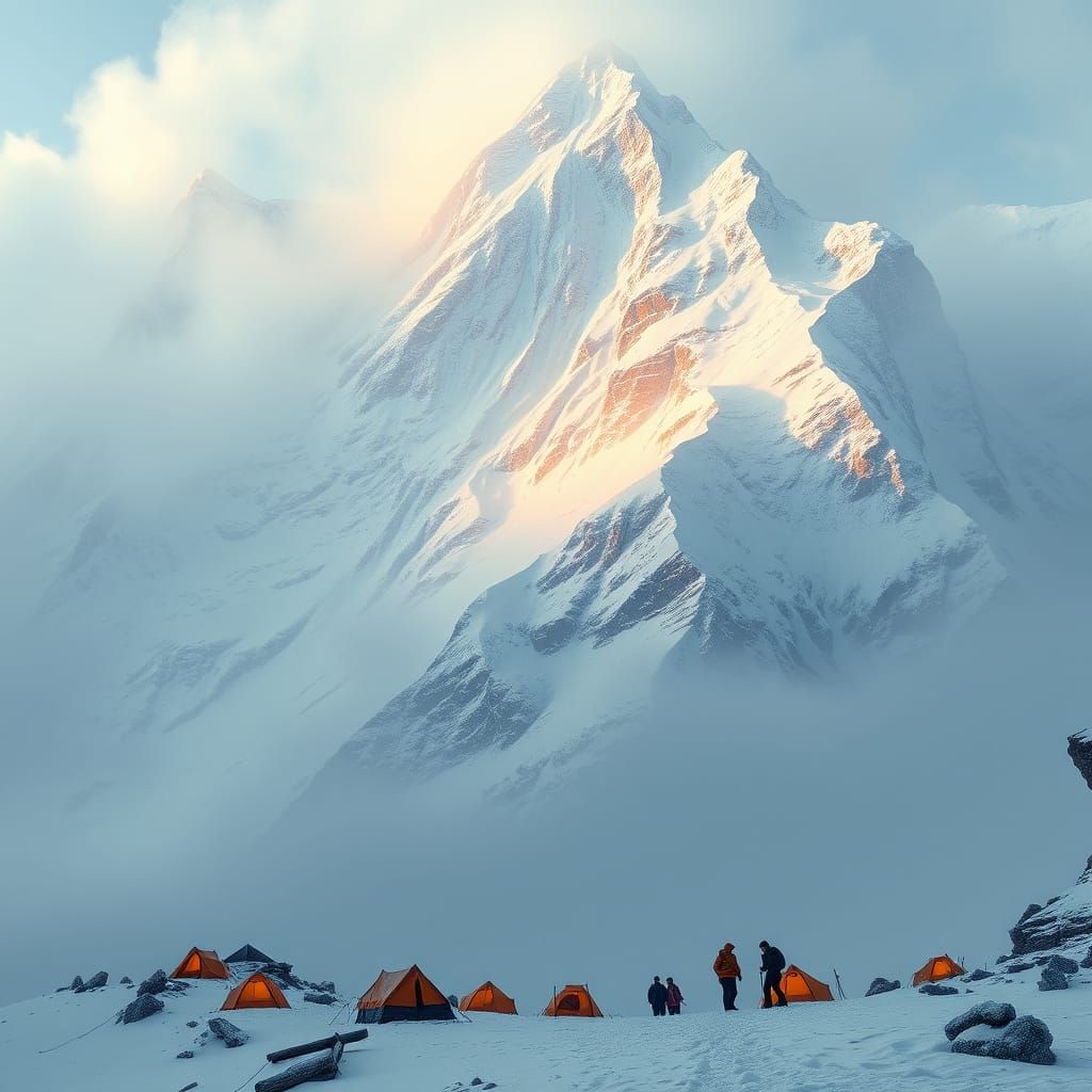 Mountain Ascent in Blizzard: Hyperrealistic Fantasy Style